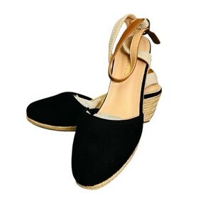 Dream Pairs NIB Black Espadrille Wedge Sandals with Tan Ankle Strap